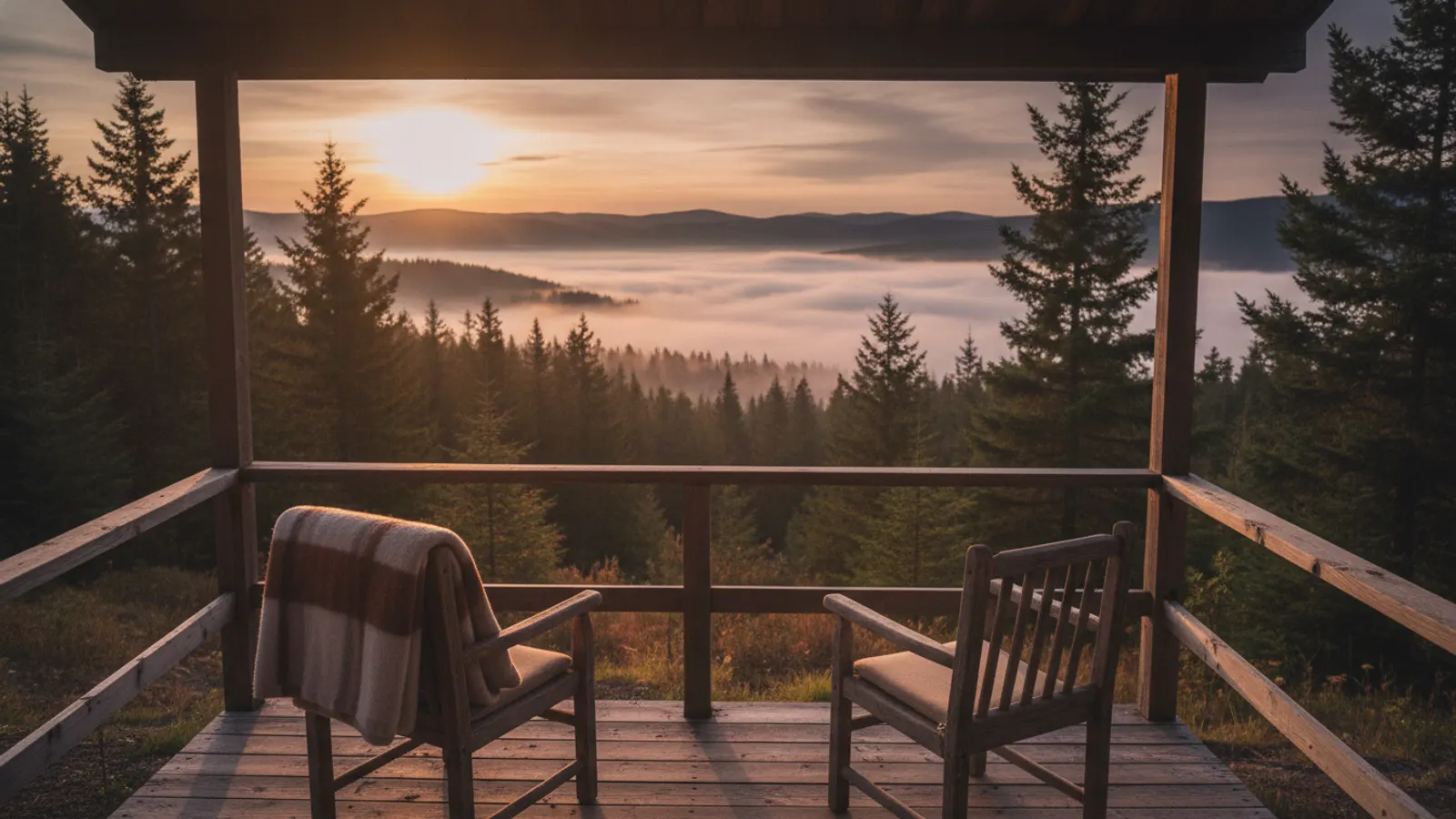 A quiet cabin porch at dawn overlooking pine forest and morning mist